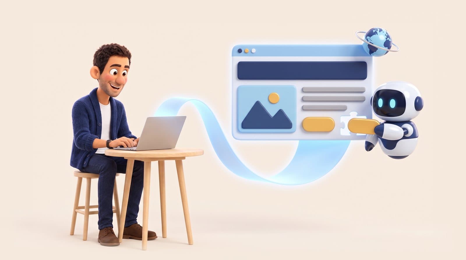 سیاوش پشت لپتاپ کار میکند و یک ربات کوچک آخرین قطعهی وبسایتش را سر جایش میگذارد