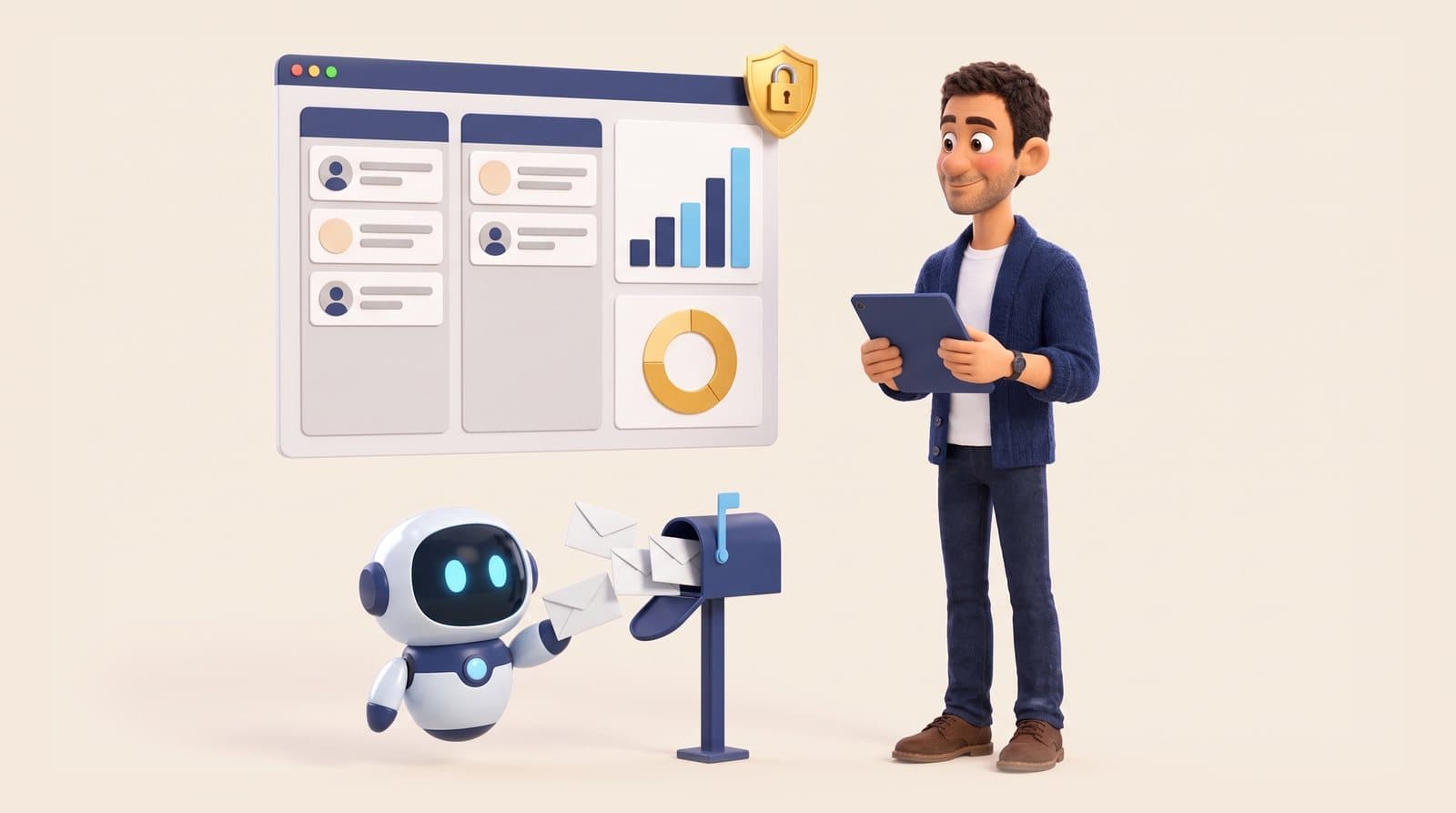 سیاوش با تبلت کنار داشبورد مدیریت مشتری ایستاده و یک ربات ایمیلهای خودکار را میفرستد